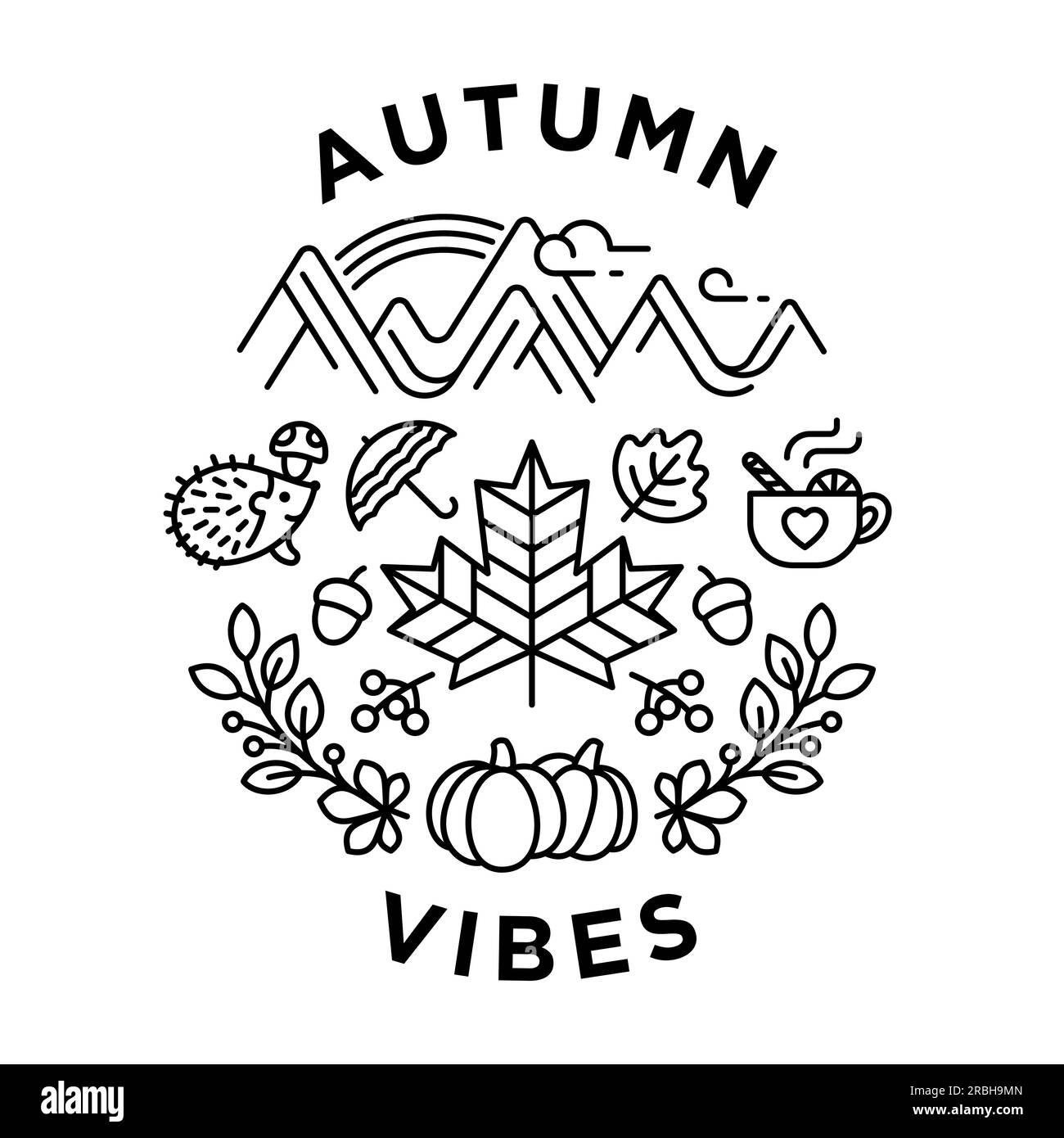 bonjour affiche d'automne rond vintage monoline illustration vectorielle. l'icône de la saison les feuilles de la nature ornées célèbrent septembre vibes noir et blanc Illustration de Vecteur