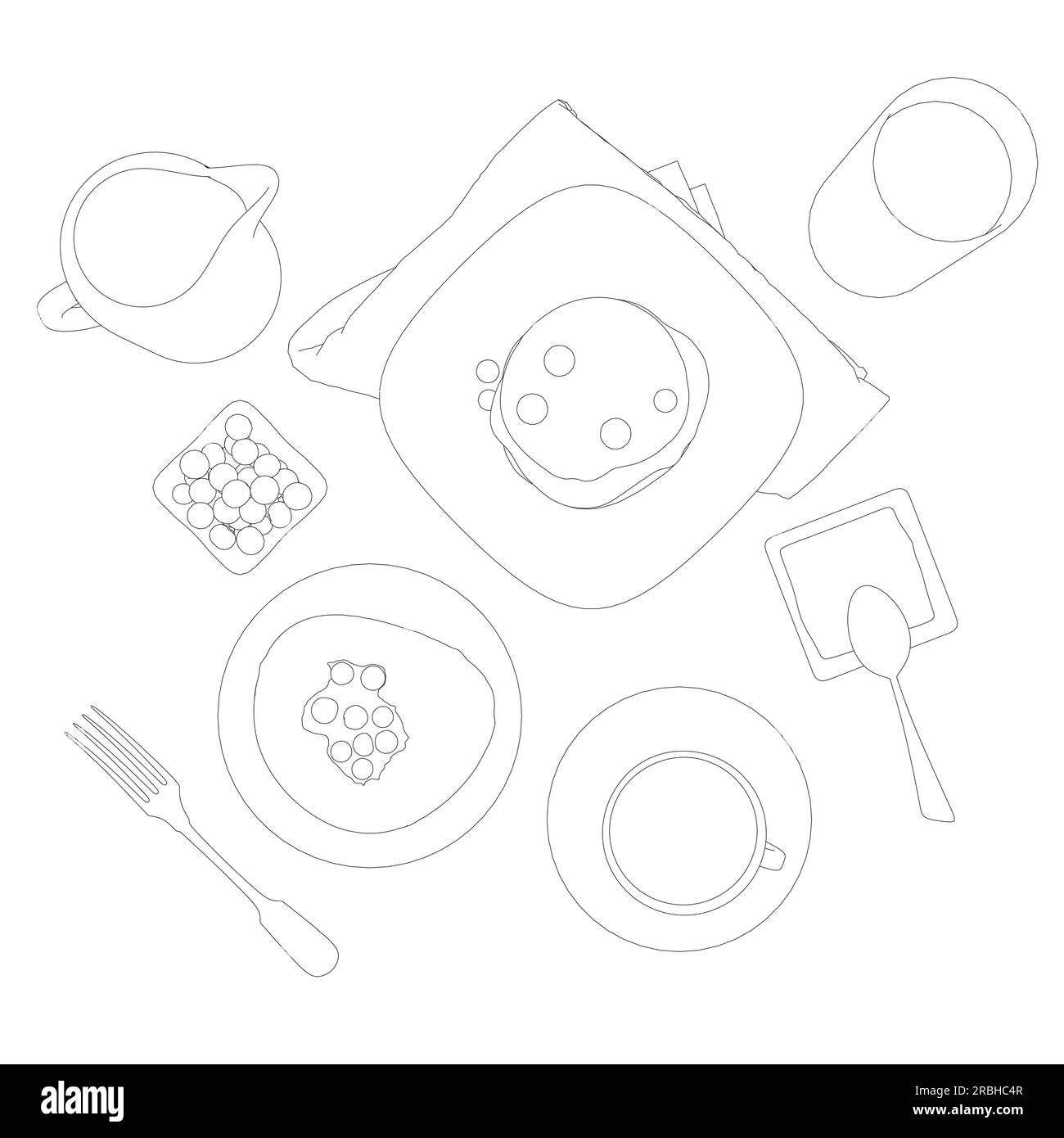 Divers repas sains du matin et repas du petit déjeuner dessinés à la main avec des lignes de contour sur fond blanc - baies, toasts, gaufres. Illustration vectorielle. Simp Illustration de Vecteur