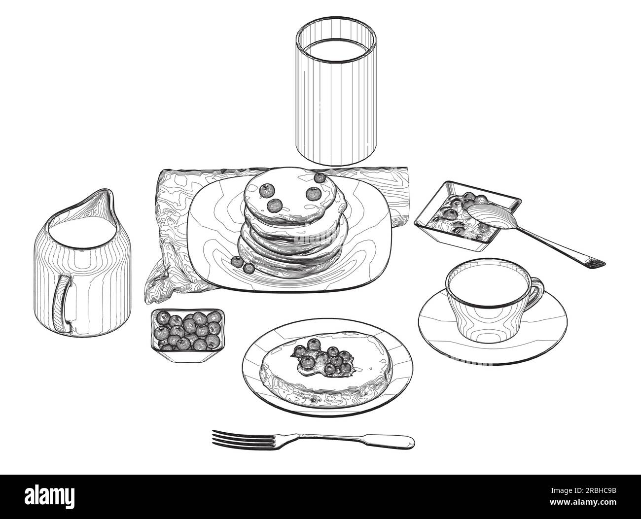 Divers repas sains du matin et repas du petit déjeuner dessinés à la main avec des lignes de contour sur fond blanc - baies, toasts, gaufres. Illustration vectorielle. Simp Illustration de Vecteur