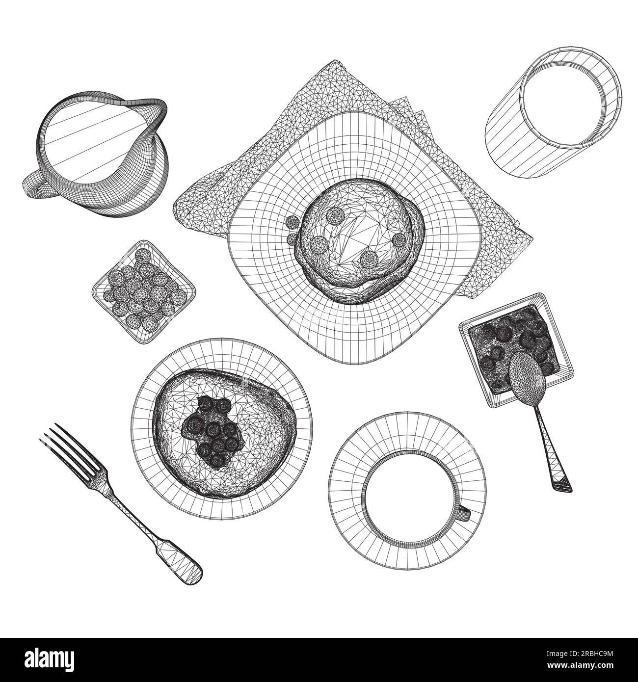 Divers repas sains du matin et repas du petit déjeuner dessinés à la main avec des lignes filaires sur fond blanc - baies, toasts, gaufres. Illustration vectorielle. Wi Illustration de Vecteur