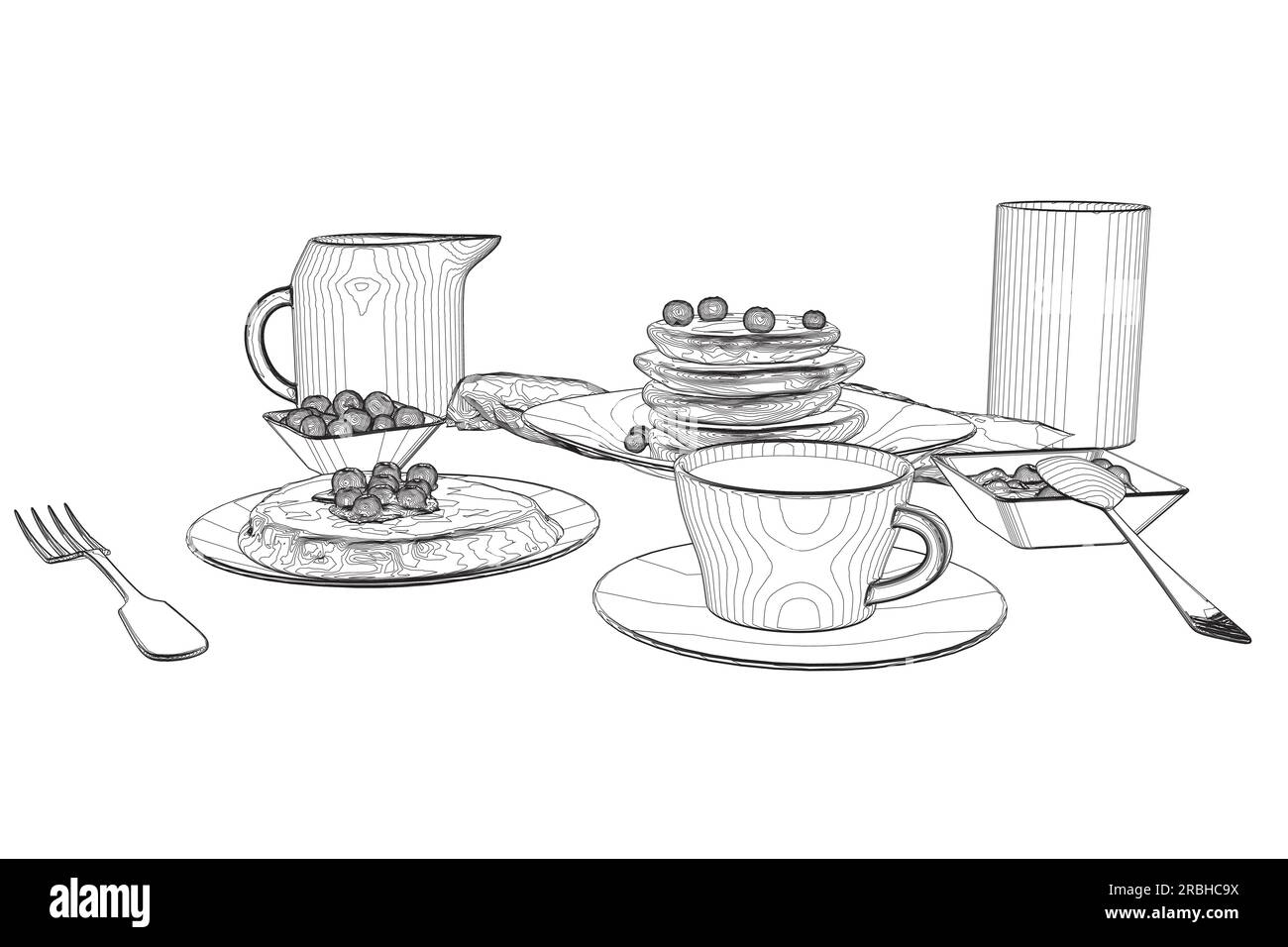 Divers repas sains du matin et repas du petit déjeuner dessinés à la main avec des lignes de contour sur fond blanc - baies, toasts, gaufres. Illustration vectorielle. Simp Illustration de Vecteur