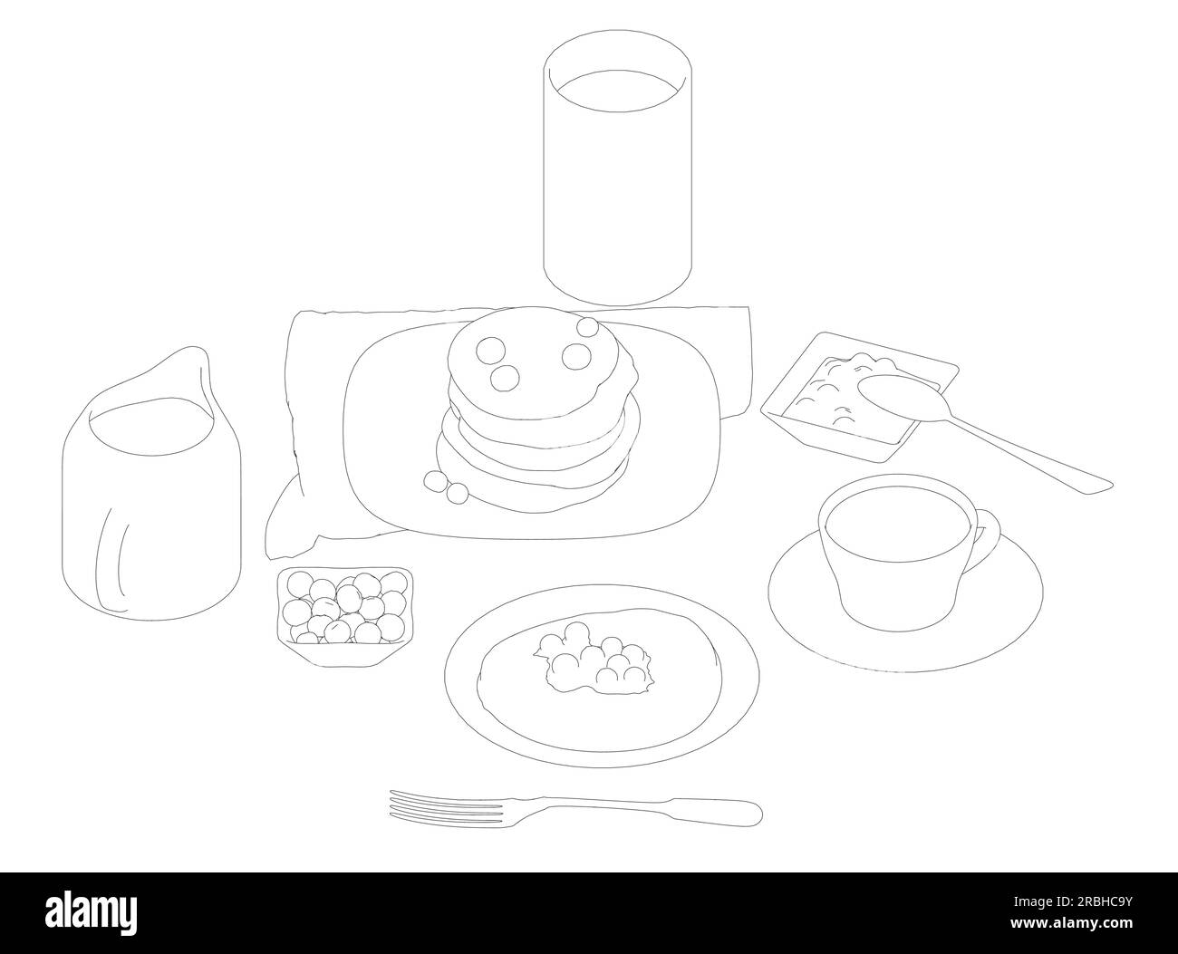 Divers repas sains du matin et repas du petit déjeuner dessinés à la main avec des lignes de contour sur fond blanc - baies, toasts, gaufres. Illustration vectorielle. Simp Illustration de Vecteur