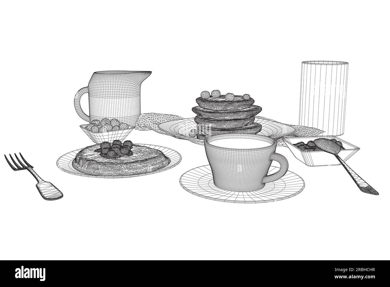 Divers repas sains du matin et repas du petit déjeuner dessinés à la main avec des lignes filaires sur fond blanc - baies, toasts, gaufres. Illustration vectorielle. Wi Illustration de Vecteur