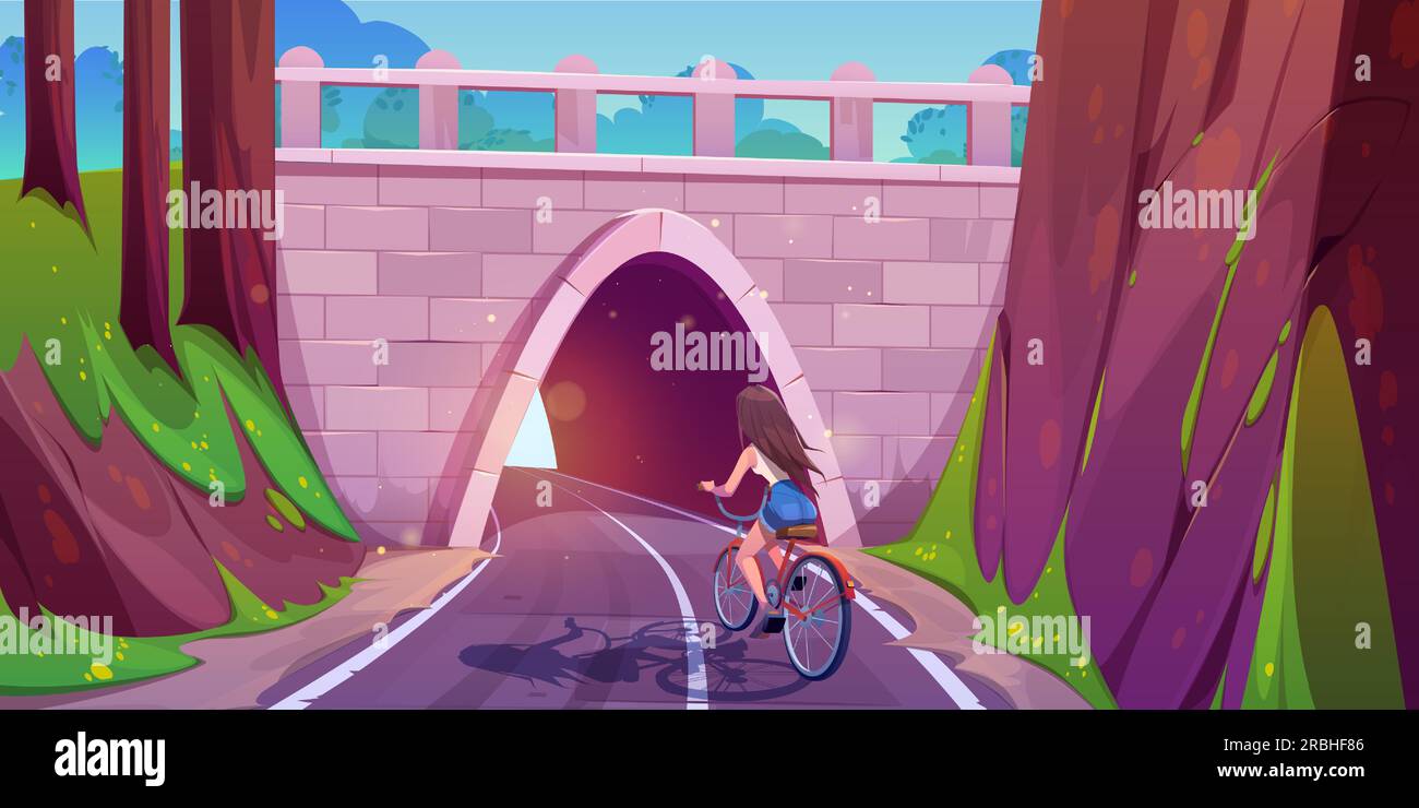 Une jeune fille fait du vélo sur le dessin animé de la route d'entrée du tunnel. Illustration de la vitesse de circulation sur l'autoroute en montagne. Cycle de personnage féminin sur la vue en perspective de chemin souterrain. Pont de briques sur la colline avec arche Illustration de Vecteur