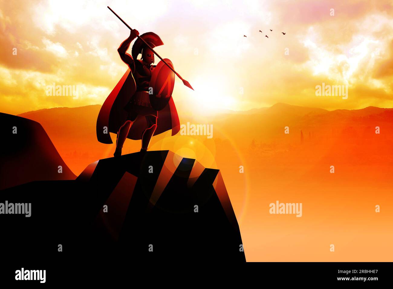 Hoplite Spartan debout sur la falaise avec lance et bouclier Banque D'Images
