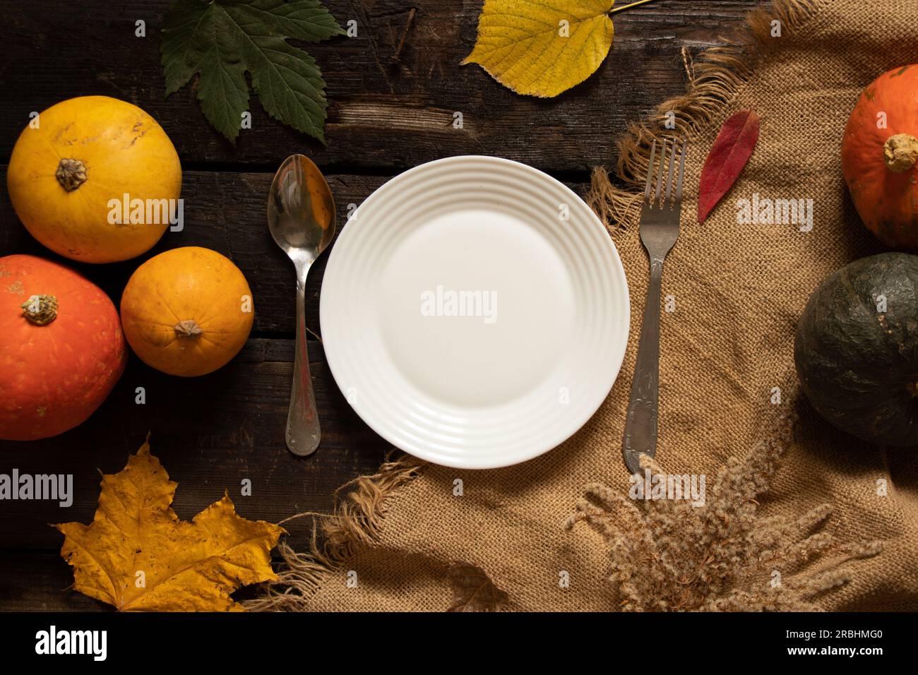 plaque blanche sur une table en bois à côté des citrouilles et des feuilles d'automne, table d'automne festive, plats sur la table Banque D'Images