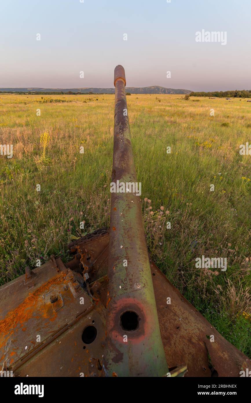 Détruit rouillé, abandonné et brûlé le char de combat dans les champs verts au coucher du soleil. Vous pouvez utiliser cette image comme illustration par exemple guerre Banque D'Images