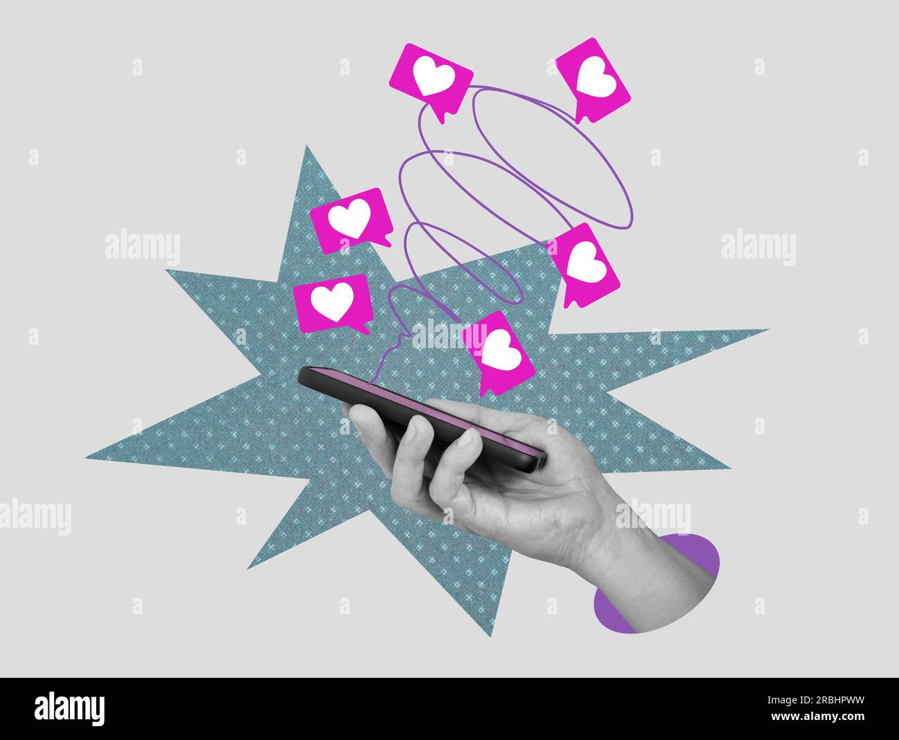 Collage d'art avec la main tenant le smartphone comme des cœurs comme des messages. Banque D'Images
