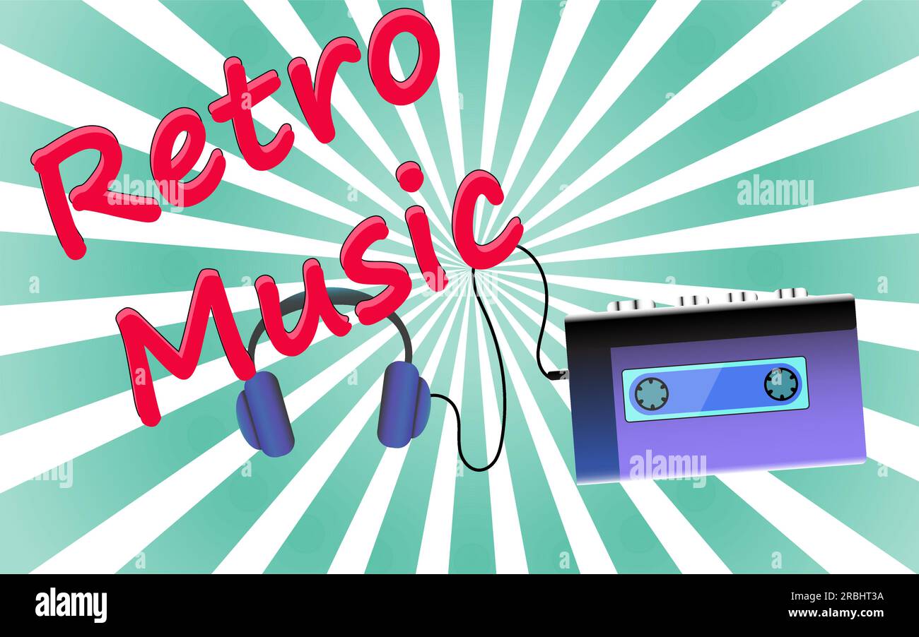 Une affiche d'un vieux rétro rétro film musique premier joueur pour écouter des cassettes audio sur fond de rayons de soleil circulaires abstraits. Illustration de Vecteur