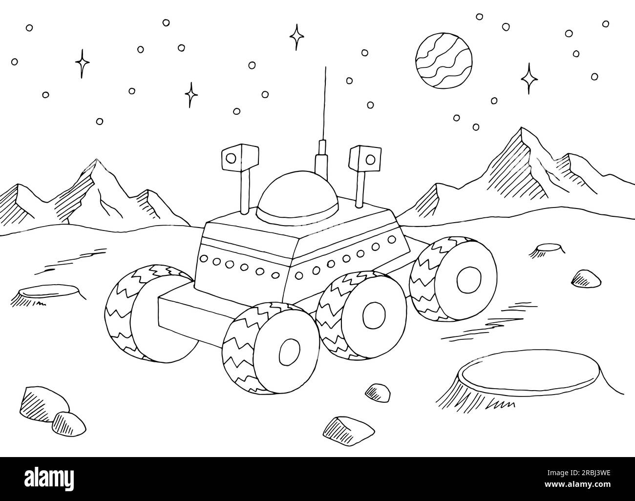 Mars rover sur la planète extraterrestre graphique espace noir blanc vecteur d'illustration d'esquisse de paysage Illustration de Vecteur