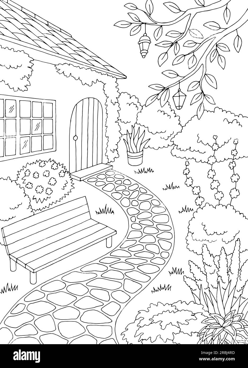Jardin dans la cour de la maison graphique noir blanc esquisse illustration vecteur Illustration de Vecteur