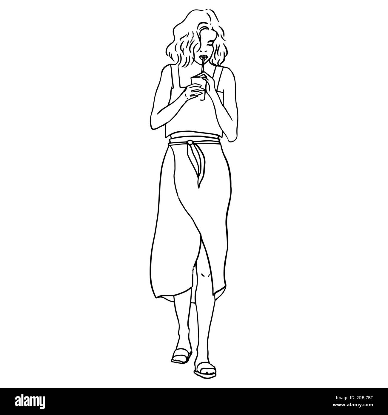 Illustration d'art de ligne de femme marchant avec la boisson glacée à la mode habillée dans des vêtements d'été Illustration de Vecteur