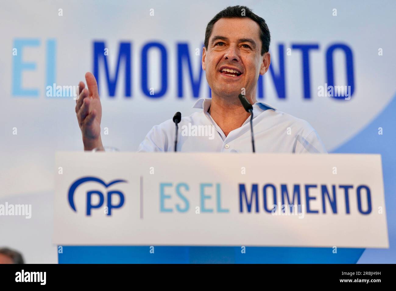 The president of the Junta de Andalucía, Juanma Moreno, during the first 'PP Music Fest' at the fairgrounds of Torremolinos, on July 7, 2023 in Malaga (Andalusia, Spain). The president of the PP-A, Juanma Moreno, participates together with the general coordinator of the PP, Elías Bendodo, in the first 'PP Music Fest' organized by the party for the 23J election campaign. 07 JULY 2023 Álex Zea / Europa Press 07/07/2023 (Europa Press via AP) Banque D'Images