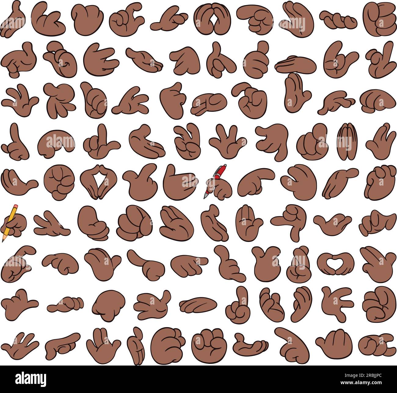 Grand ensemble de mains de dessin animé noir dans divers gestes. Boîte numéro 2. Illustration de Vecteur