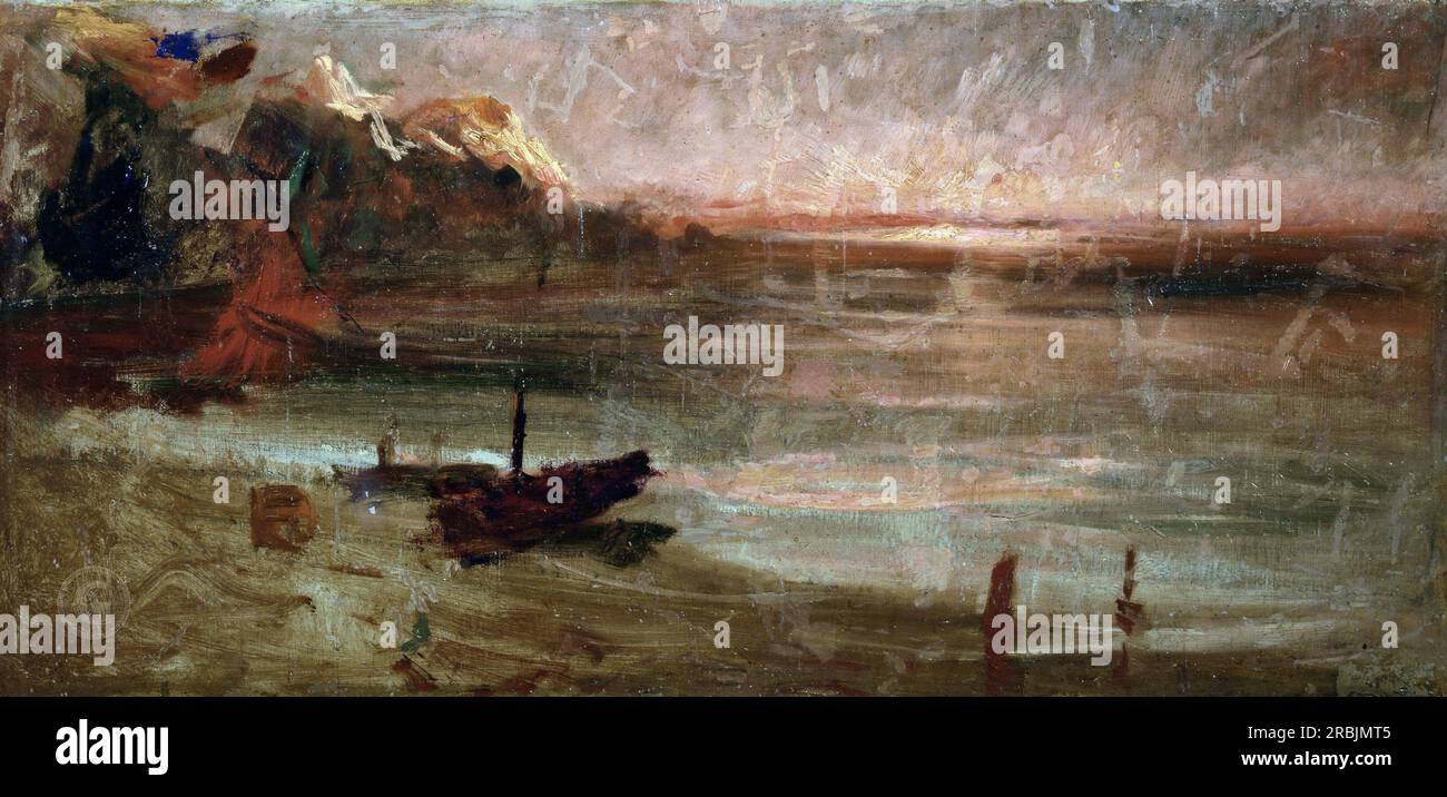 Cesare Tallone – Marina avec falaise au coucher du soleil 1885 Banque D'Images