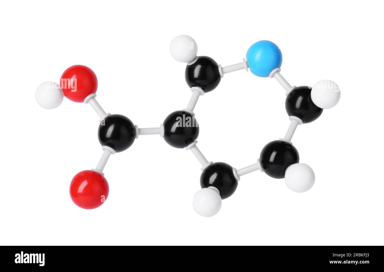 Molécule de vitamine B3 isolée sur blanc. Modèle chimique Banque D'Images