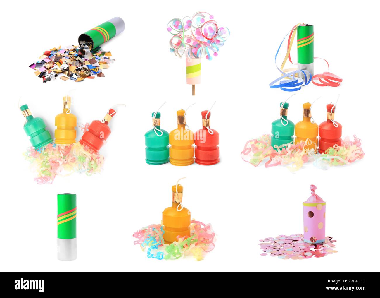 Collage avec poppers de fête isolé sur blanc Banque D'Images
