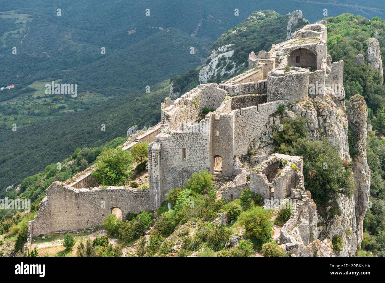 Peyrepertuse (Languedocien : Castèl de Pèirapertusa) est une forteresse en ruines et l'un des châteaux cathares situés dans les Pyrénées françaises. Banque D'Images
