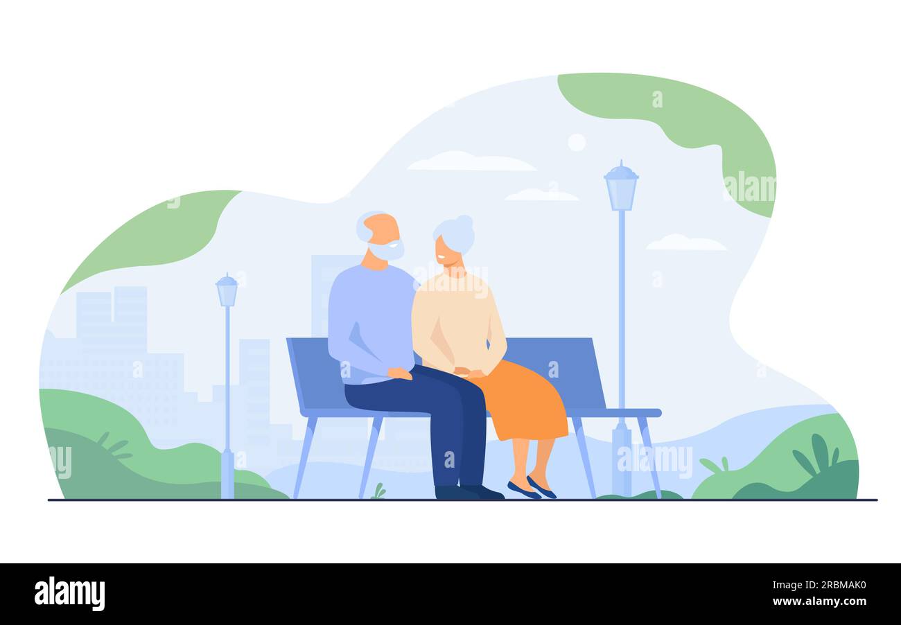 Un couple senior heureux assis sur un banc dans le parc Illustration de Vecteur