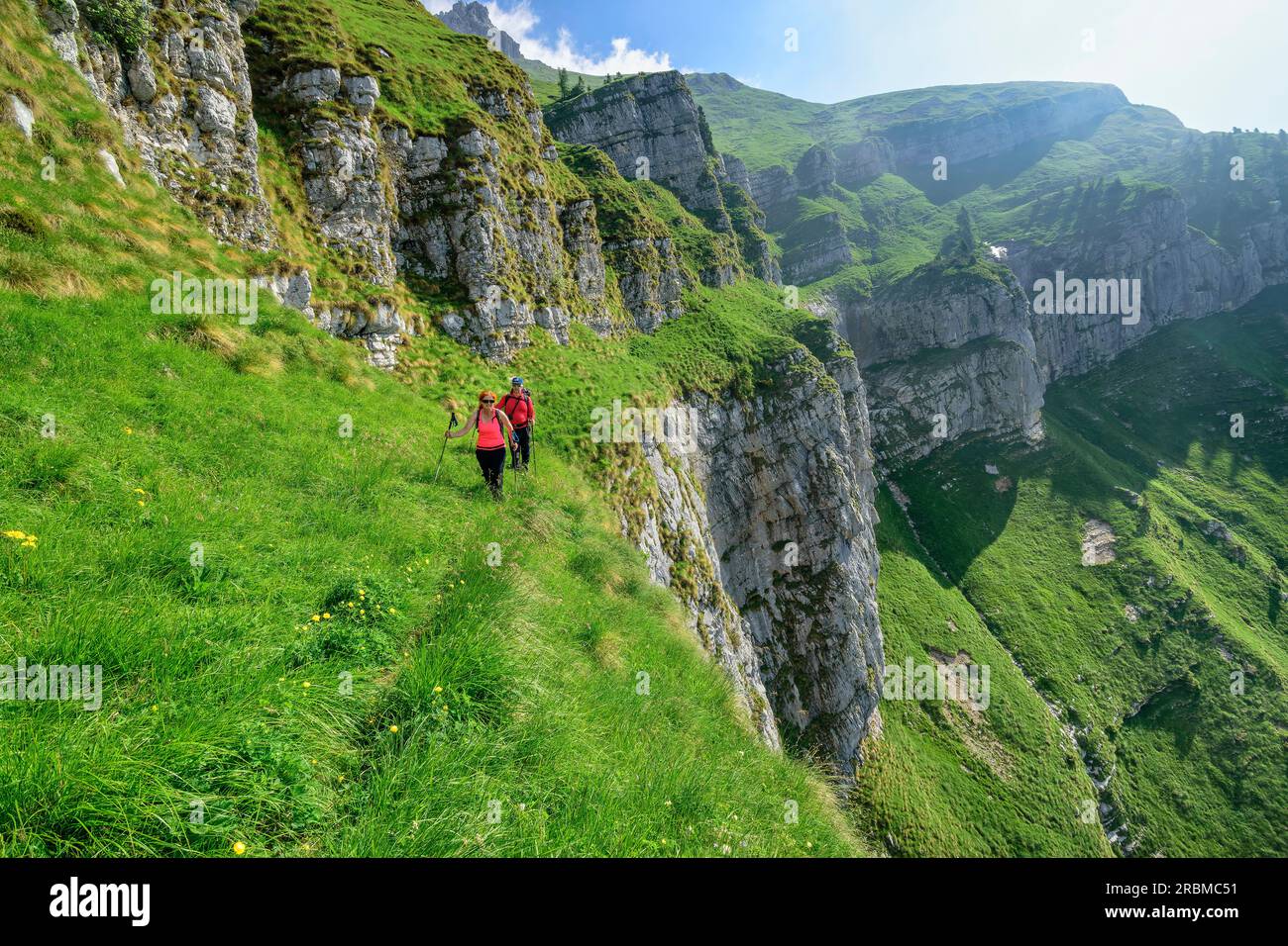 Deux personnes marchant à travers des pentes herbeuses escarpées, Feltriner Berge, Belluneser Höhenweg, Dolomites, Vénétie, Venetia, Italie Banque D'Images