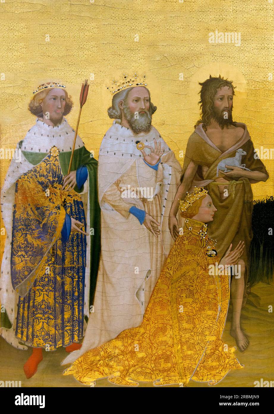 Le diptyque Wilton, vers 1395, artiste inconnu, Richard II pétrir, gauche St Edmund, milieu St Edward le Confesseur, droite St Jean le Baptiste, Banque D'Images