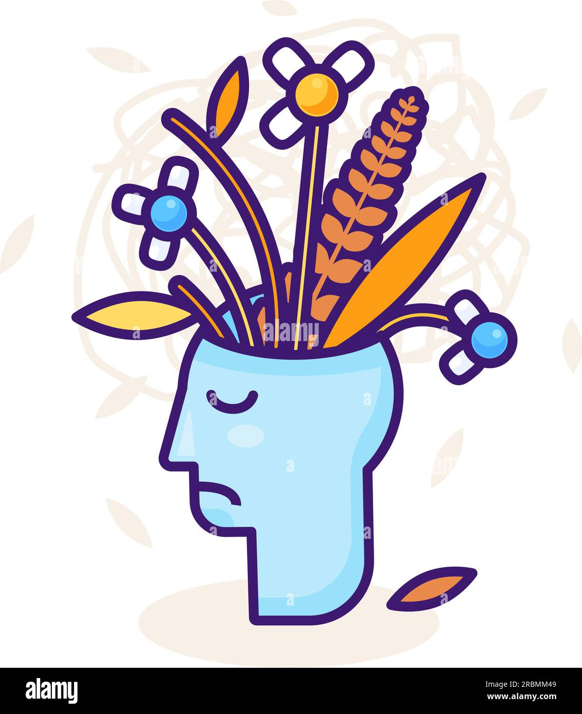 Profil du visage de l'homme triste avec des sentiments et des émotions négatifs. Flétrissement bouquet de fleurs séchées dans la tête, symbole de découragement et de déception. Voiture Illustration de Vecteur