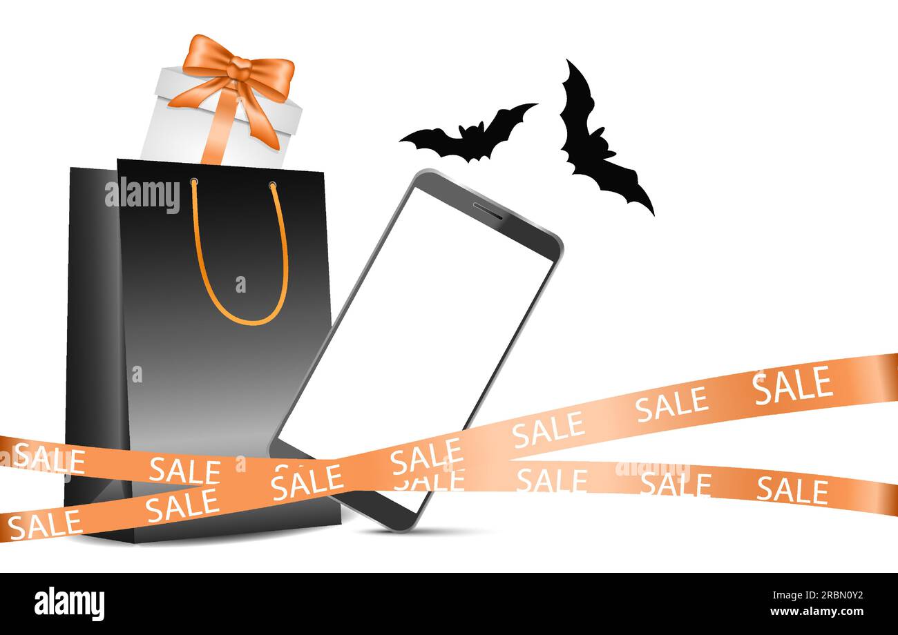 Sac cadeau noir avec boîte cadeau et noeud. Téléphone portable, smartphone avec écran blanc, espace de copie, e-commerce, vente en ligne Halloween, réductions. Bannière Illustration de Vecteur
