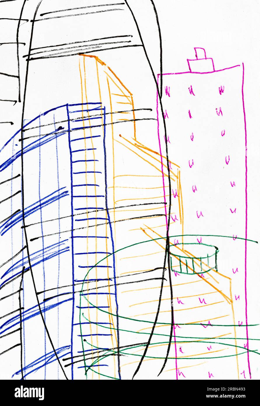 esquisse dessinée à la main de formation du quartier financier sur papier blanc par des stylos de couleur Banque D'Images