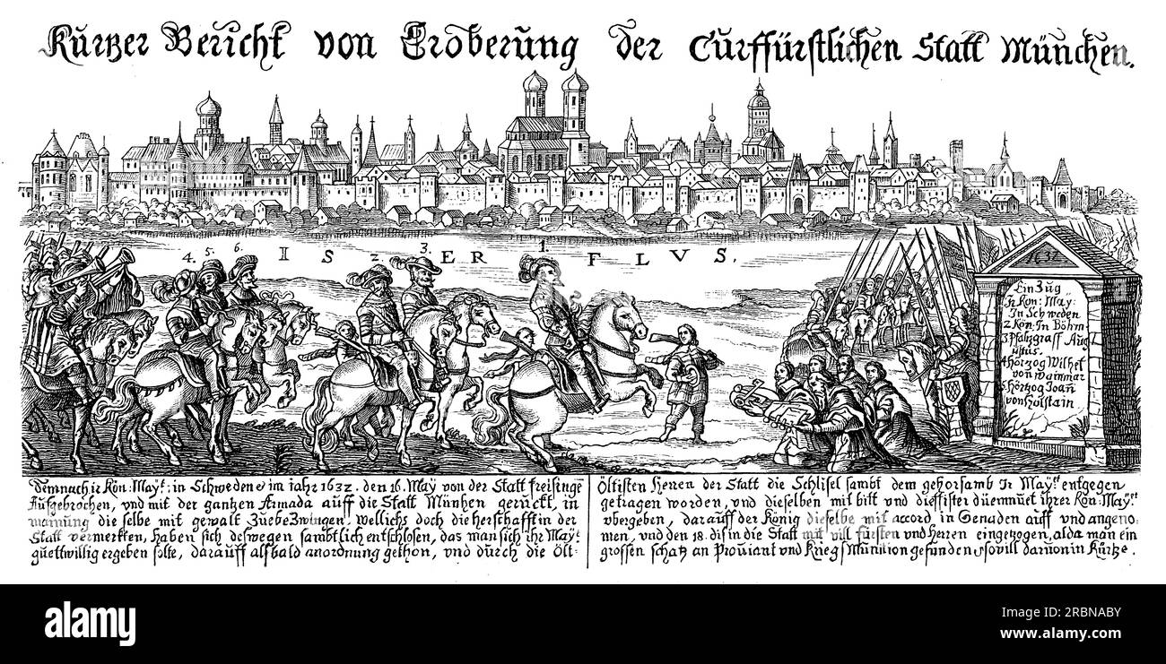 Le maire de Munich remet les clés des portes de la ville et un paiement monétaire au roi suédois Gustave II Adolphe. Bien que l'occupation ne dure pas plus de trois semaines, la ville est épargnée par la dévastation, les pillages et les tueries, 17. mai 1632 Banque D'Images