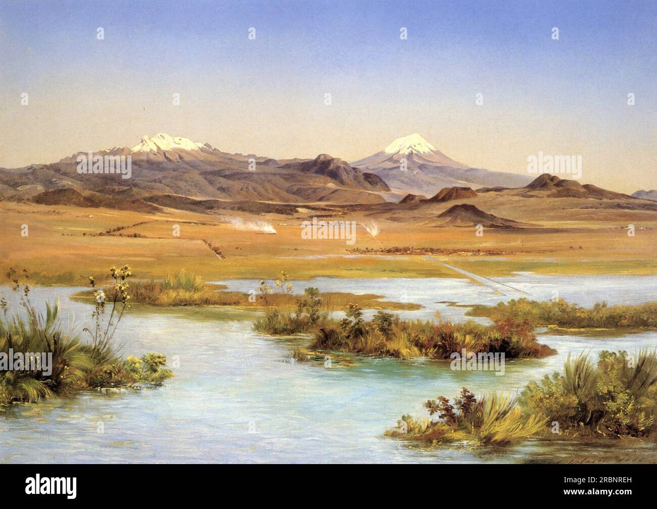 El Popocatépetl y el Iztaccíhuatl desde el lago de Chalco 1882 de Jose Maria Velasco Banque D'Images