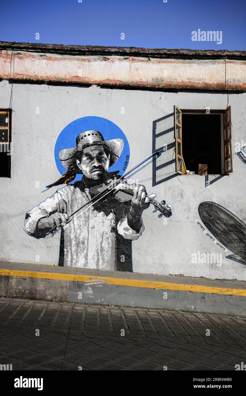 Habillé traditionnellement, le natif joue du violon sur une fresque, ville de Oaxaca de Juárez, état de Oaxaca, Mexique, Amérique du Nord, Amérique latine Banque D'Images