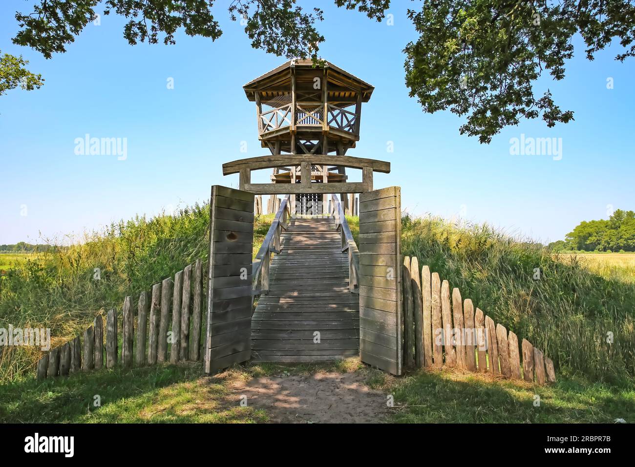 Belle tour de guet en bois avec coin pique-nique sur la colline dans le paysage rural néerlandais le long de la randonnée et piste cyclable - Heeskijk près de Heeswijk, Noord-Brabant Banque D'Images
