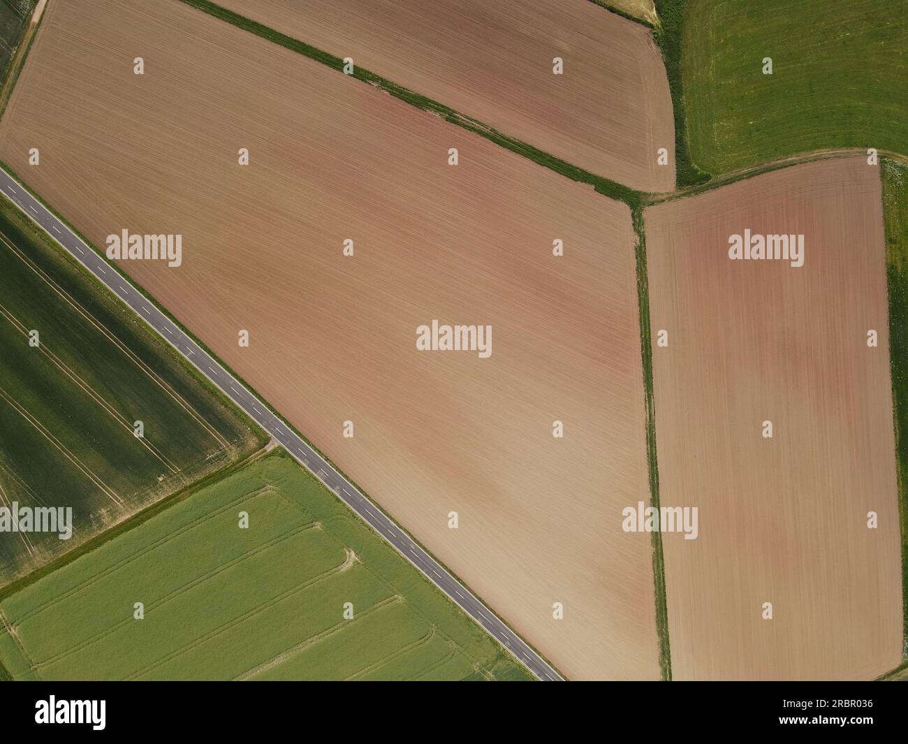 Vue drone des terres agricoles avec des champs arables labourés bruns, des champs de culture verts et une route asphaltée en été Banque D'Images