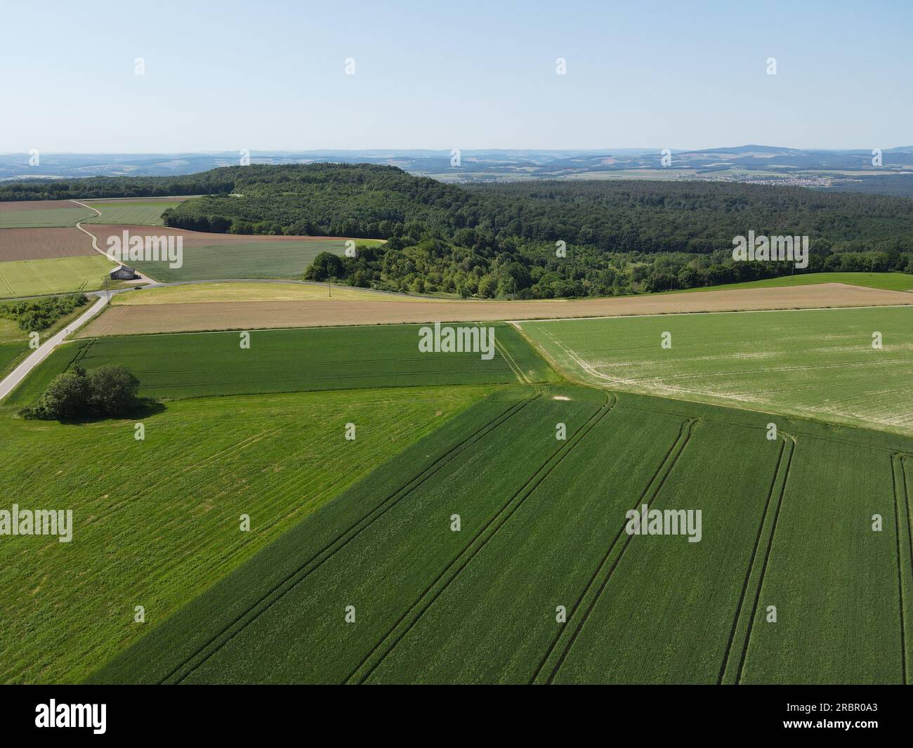 Paysage avec des champs de culture verts, des arbres et un beau ciel bleu d'en haut Banque D'Images