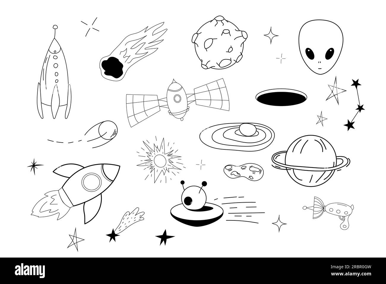 Définir des éléments spatiaux ufo vaisseau spatial, fusée, satellite, étoiles et planètes dans le style doodle isolé. Collection dessinée à la main . Illustration vectorielle Illustration de Vecteur