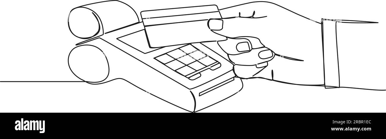 dessin continu de ligne unique de paiement par carte de crédit nfc sans contact, main tenant la carte de crédit contre le vecteur d'art de ligne de machine de lecteur de carte Illustration de Vecteur
