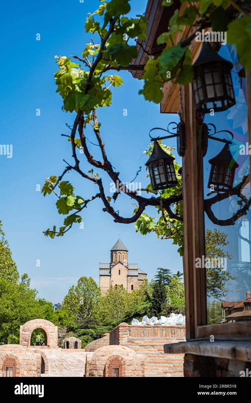 Vue sur la cathédrale Metekhi depuis la zone des bains de soufre avec leurs dômes et vigne Banque D'Images