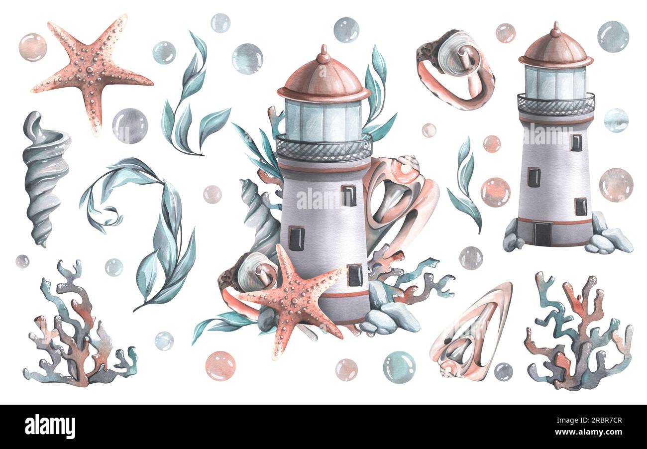 Un phare marin avec des algues, des coraux, des coquillages et une étoile de mer. Illustration à l'aquarelle dessinée à la main. Pour tirages, affiches, autocollants, cartes postales.ASET Banque D'Images