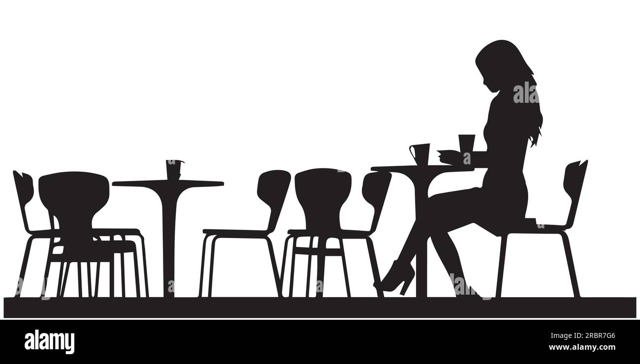 Une fille s'assoit dans l'illustration vectorielle de silhouette de restaurant Illustration de Vecteur