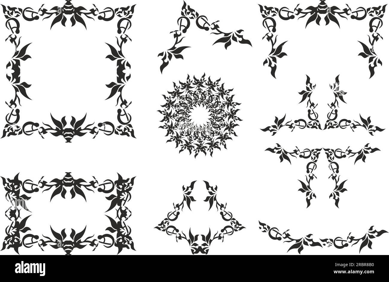 Éléments floraux décoratifs et cadres dans des tons noir-blanc pour vos créations. Bel ensemble ornemental pour emblèmes ou logos, intérieurs, affiche, tatouages Banque D'Images