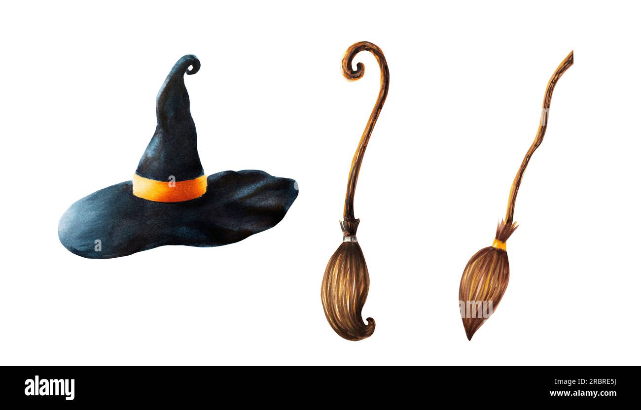 Balais de sorcière d'halloween aquarelle et illustration de chapeau. Esquisse de peinture à la main isolée sur fond blanc. Pour les designers, décoration, boutique, pour la poste Banque D'Images