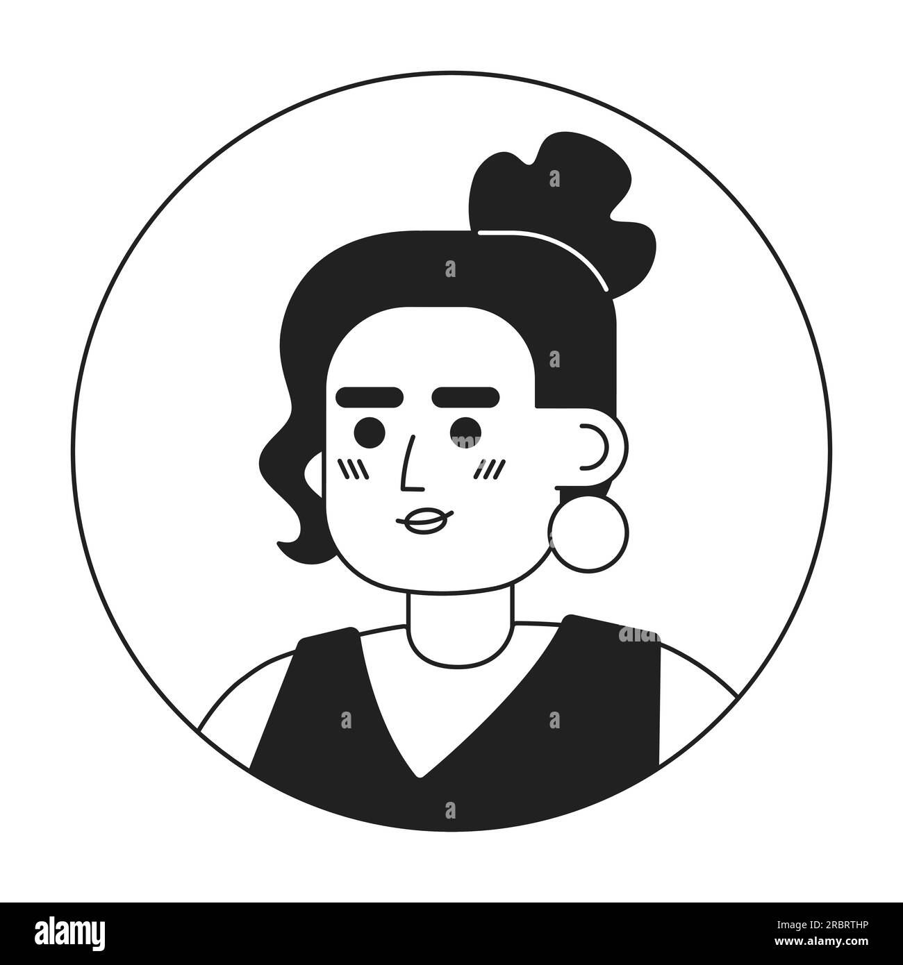 Brunette femme monochrome tête de personnage linéaire plat Illustration de Vecteur