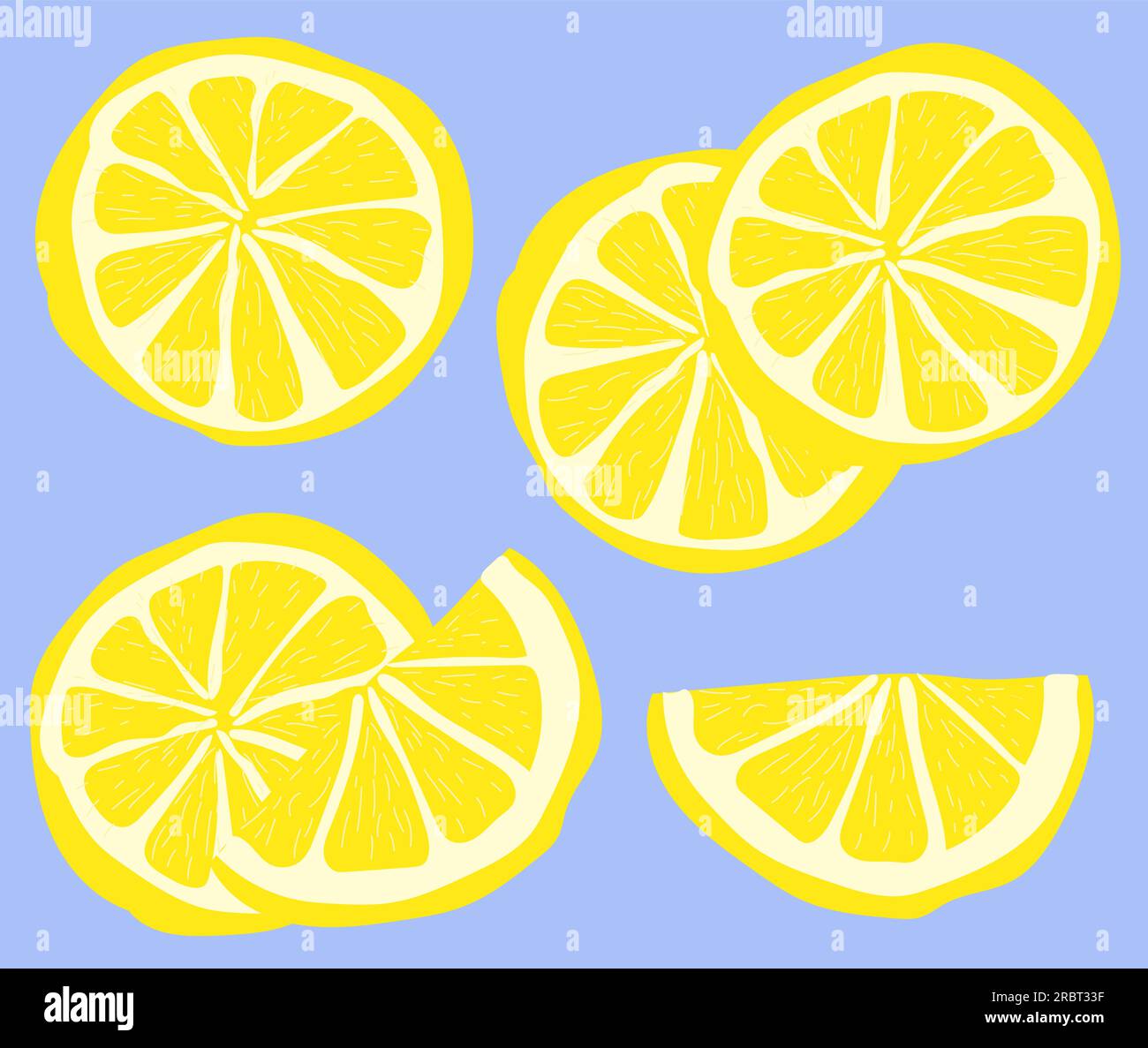 Motif vectoriel avec des citrons jaunes coupés en tranches sur un fond bleu dans un style plat. Illustration de Vecteur
