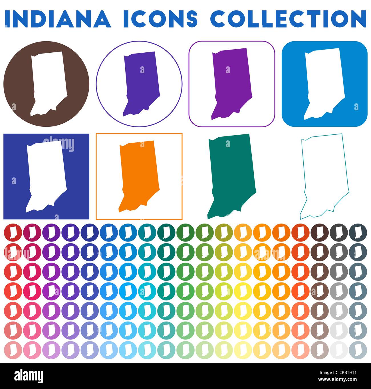 Collection d'icônes Indiana. Icônes de carte branchées colorées et lumineuses. Badge moderne de l'Indiana avec carte de l'État américain. Illustration vectorielle. Illustration de Vecteur