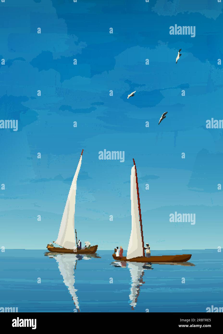 Vieux voiliers pêchant sur la composition de la mer ouverte, illustration vectorielle de fond de paysage marin Illustration de Vecteur
