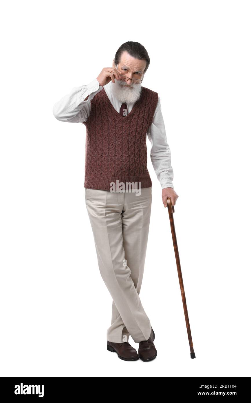 Homme senior avec canne de marche sur fond blanc Photo Stock - Alamy