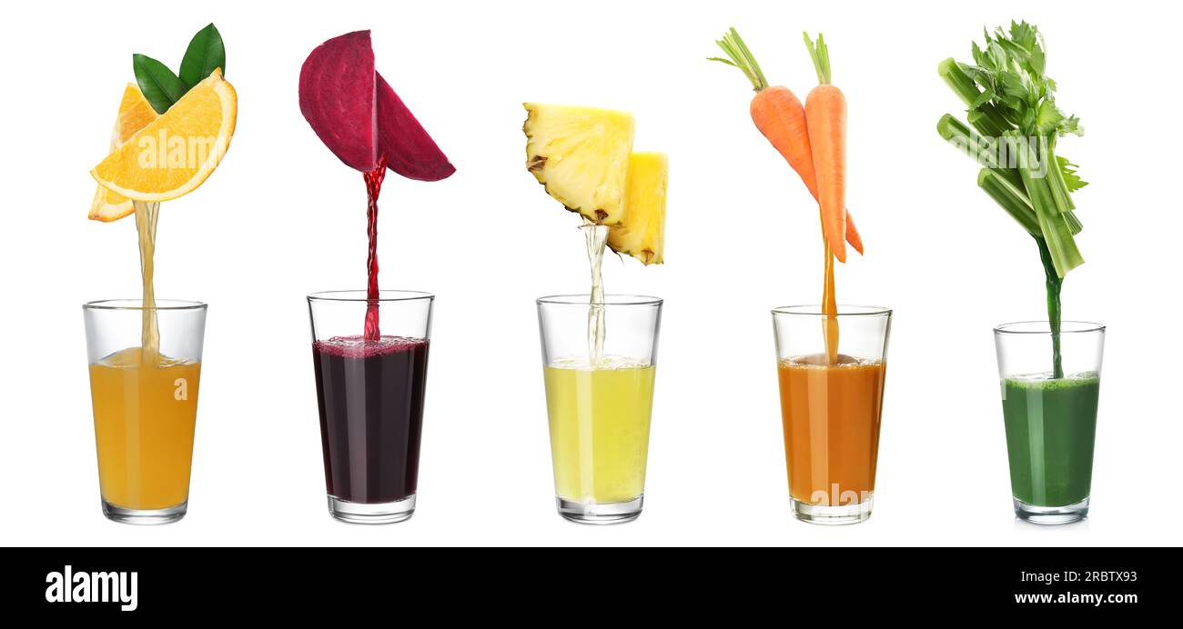 Collage de différents jus fraîchement pressés coulant de fruits et légumes sur fond blanc Banque D'Images