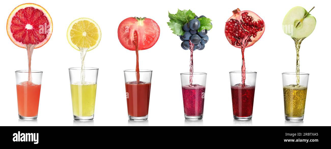 Collage de différents jus fraîchement pressés coulant de fruits et légumes sur fond blanc Banque D'Images