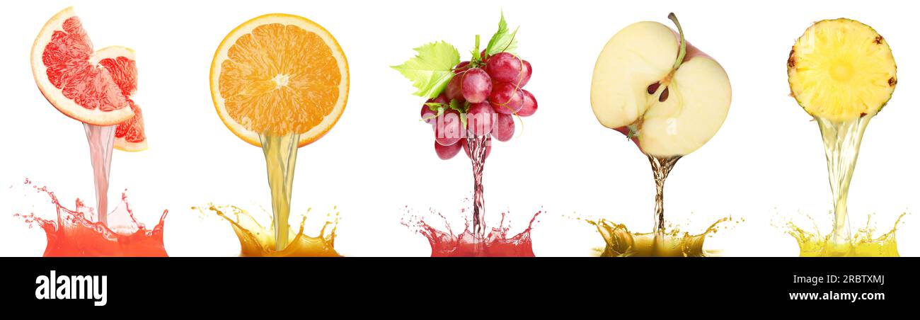 Collage de différents jus fraîchement pressés versant des fruits sur fond blanc Banque D'Images