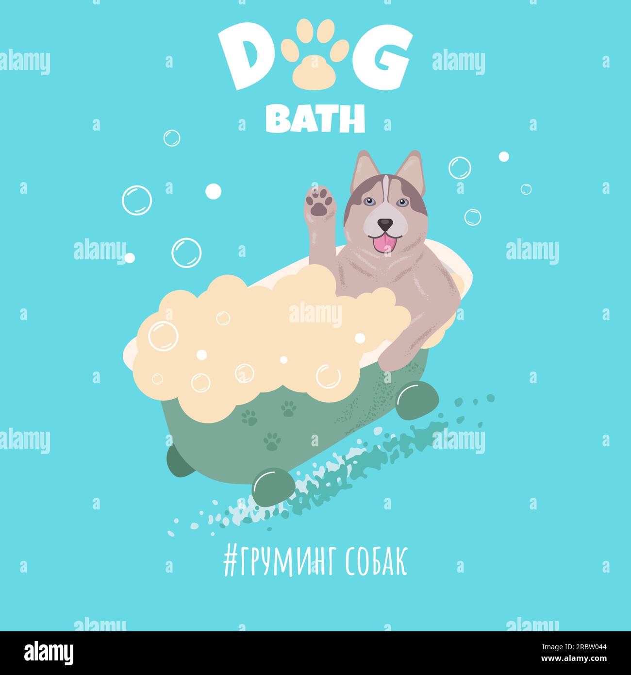 un chien husky de style dessin animé prend un bain Illustration de Vecteur